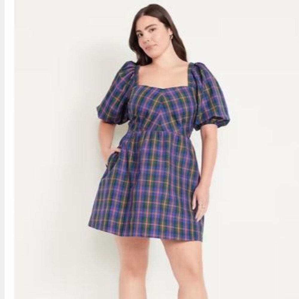 Old Navy Blue Plaid Puff Sleeve Mini dress